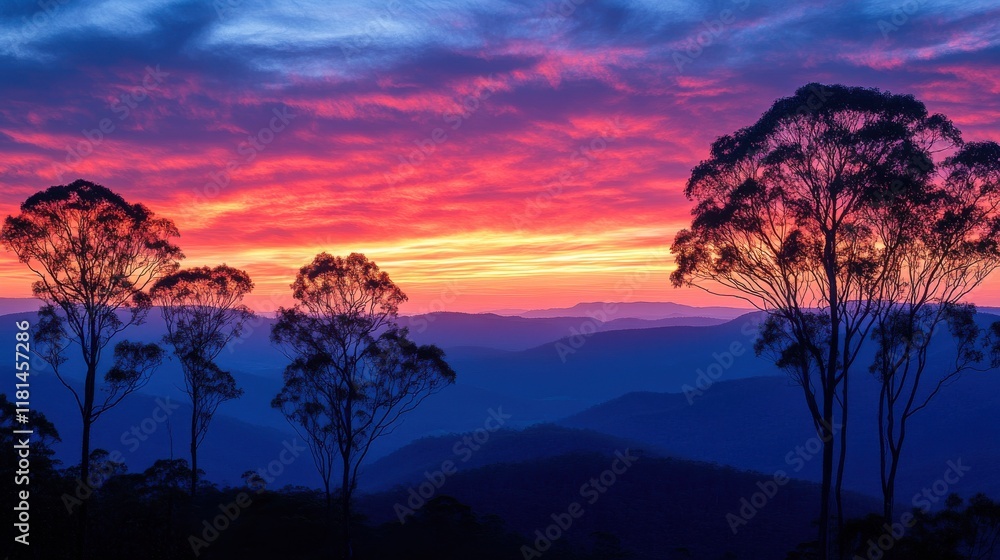 Dusk panorama of blue mountains with red and orange sky Dusk panorama of blue mountains with red and orange sky