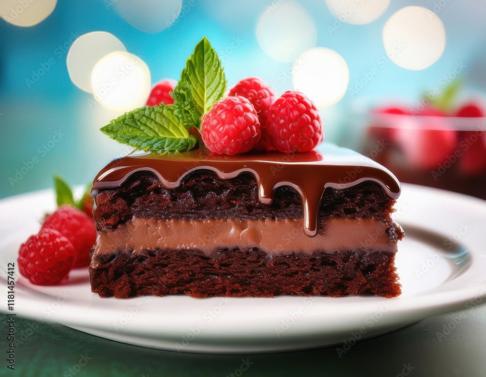 Close-up of a rich and decadent chocolate cake slice with shiny ganache glaze, topped with fresh raspberries and mint leaves, served on a white porcelain plate with a soft bokeh background Close-up of a rich and decadent chocolate cake slice with shiny ganache glaze, topped with fresh raspberries and mint leaves, served on a white porcelain plate with a soft bokeh background