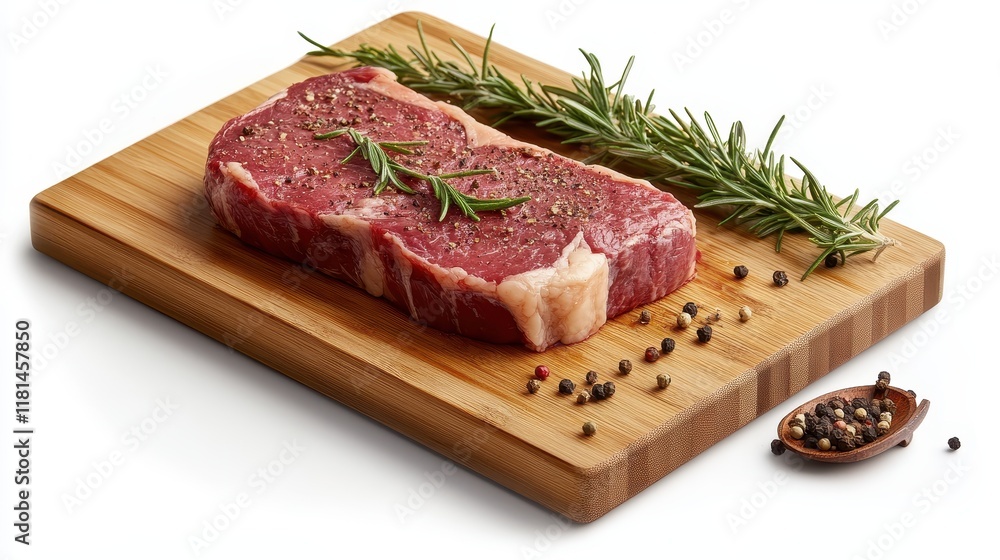 Seasoned ribeye steak on bamboo board, rosemary & pepper. Perfect for restaurant menus, cookbooks, or grilling websites. Seasoned ribeye steak on bamboo board, rosemary & pepper. Perfect for restaurant menus, cookbooks, or grilling websites.