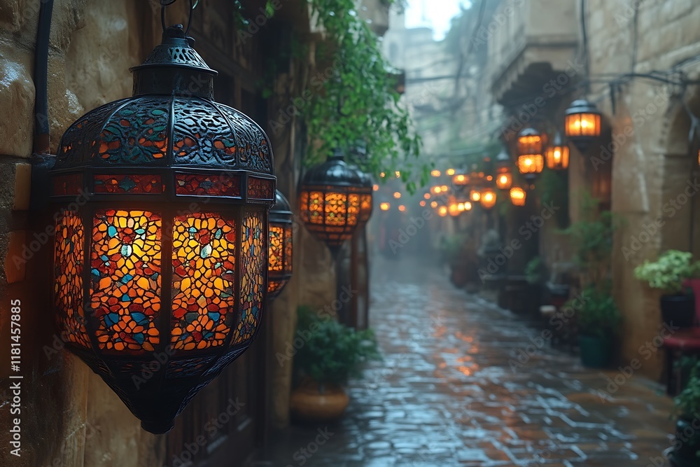 Rain-soaked alley with ornate lanterns. Rain-soaked alley with ornate lanterns.