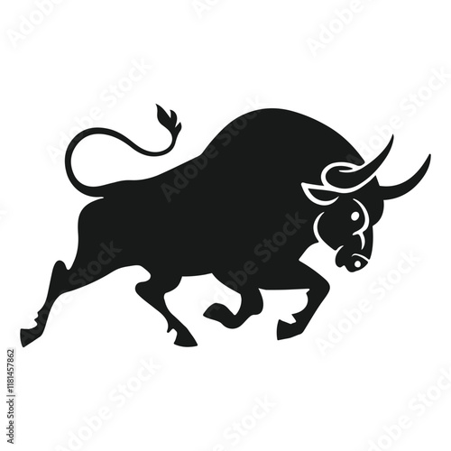 A fierce angry bull silhouette, showcasing powerful horns and a charging stance, symbolizing strength, determination, and raw energy.