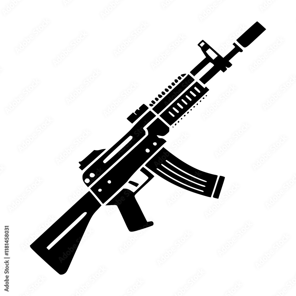 Black and White Rifle Illustration, Military Weapon Design, Tactical Firearm Drawing, Assault Rifle Graphic for Security, Hunting, and Tactical Equipment Concepts