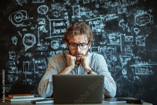 Man working intently on a laptop in a cozy, softly lit room during the evenin...