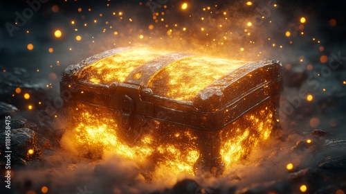 Glowing treasure chest surrounded by magical sparks and smoke in a mystical s...