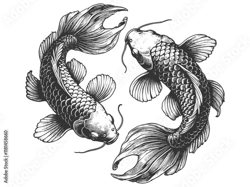 two koi fish swimming in a circular motion, with flowing fins and detailed scalessketch engraving generative ai vector illustration. Scratch board imitation. Black and white image.