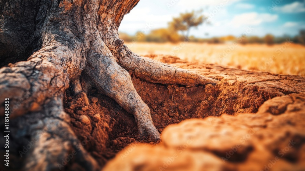Root System in Dry Land Under Bright Blue Sky Root System in Dry Land Under Bright Blue Sky
