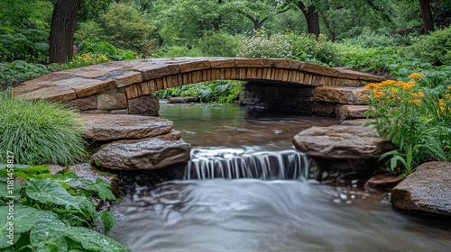 Serene stone bridge over a gentle stream in a lush garden setting during dayl...