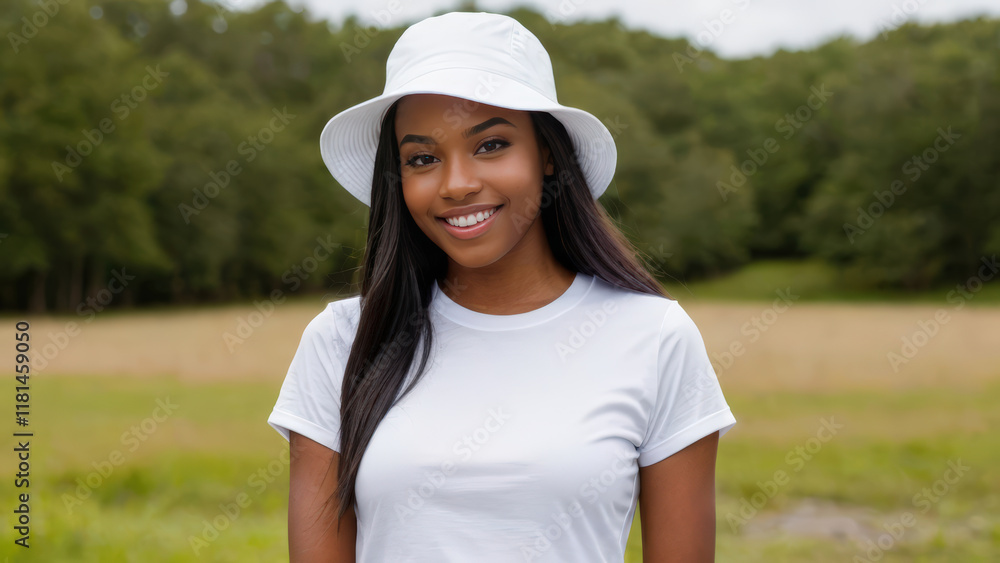 Young black woman wearing white t-shirt and white bucket hat standing in nature Young black woman wearing white t-shirt and white bucket hat standing in nature