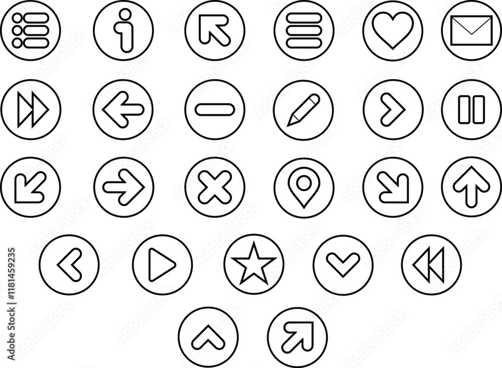 Basic User Interface Essential Set. 200 Line Outline Icons. For App, Web, Print. Editable Stroke. 2 Pixel Stroke Wide with Round Cap and Round Corner.