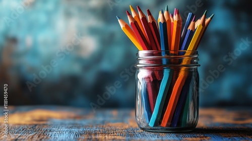 Colorful pencils arranged in a glass jar against a blue background