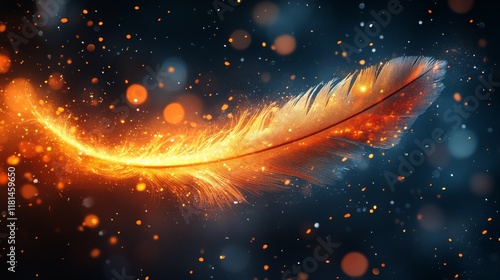 Vibrant fiery feather illuminated against a dark background with glowing embe...