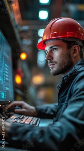 Worker focused on computer tasks in industrial setting during daytime hours