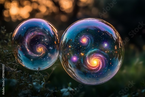 Floating transparent bubbles containing inside stars and spiral galaxies. Multiverse concept