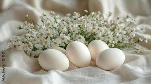 Fresh white eggs placed on soft fabric beside delicate white flowers on a neu...