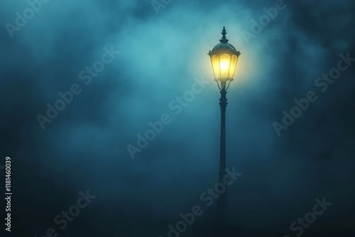 Mysterious street lamp illuminating foggy night
