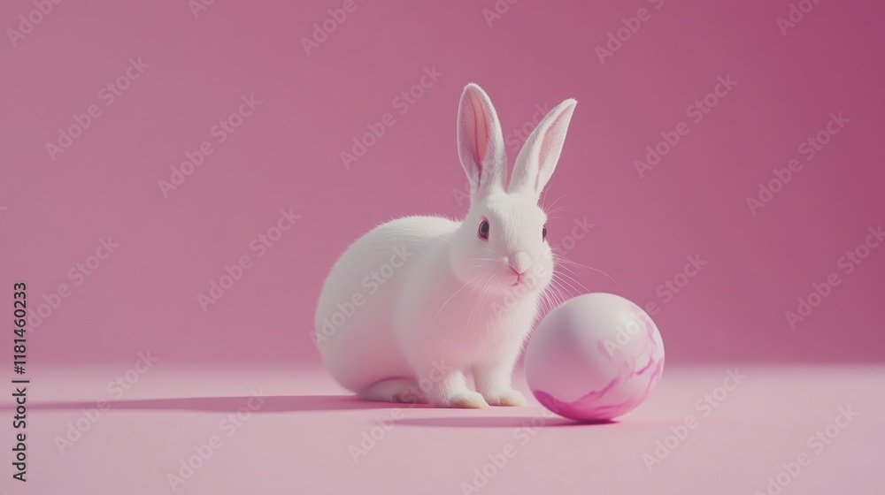 Obraz premium Easter Bunny on a pink background with a colorful painted egg, symbolizing the celebration of Easter, spring, and holiday traditions with vibrant colors and festive atmosphere