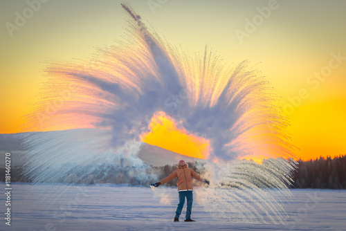 A man is standing in the snow, surrounded by a large cloud of white powder