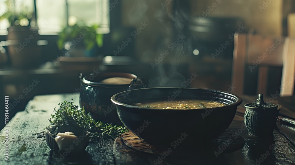 Steaming soup in rustic bowl, herbs, old kitchen. Food blog, recipe website. Steaming soup in rustic bowl, herbs, old kitchen. Food blog, recipe website.