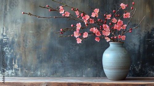 Cherry blossom branches in a vase on a wooden table against a textured wall