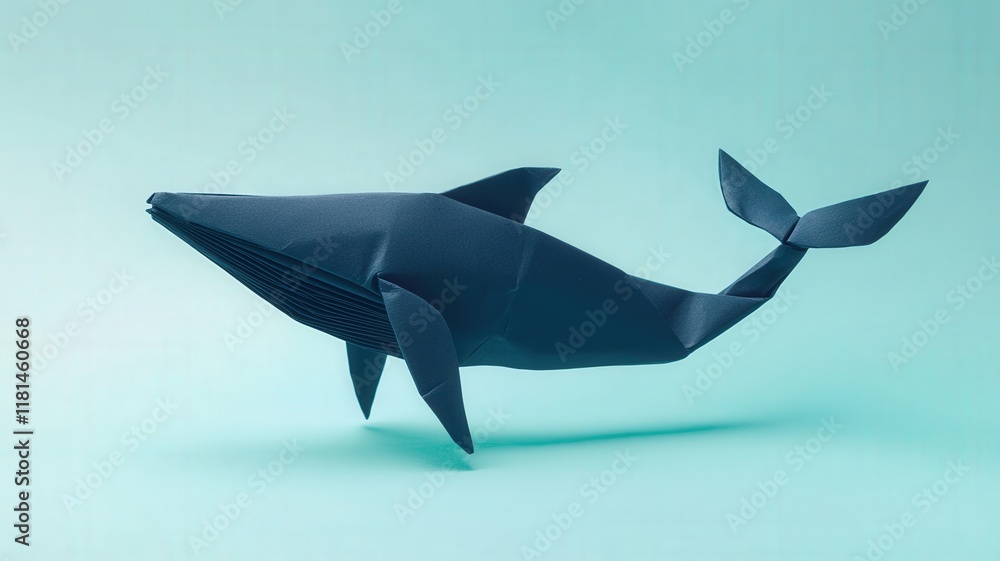 Fototapeta premium Origami whale on a soft blue background.