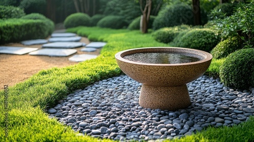 Serene garden with stone fountain surrounded by lush greenery and smooth pebb...