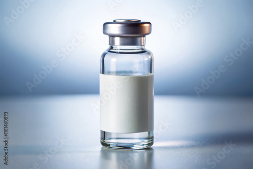 Injection bottle glass vial with blank white label, Medical glass vial bottle with liquid. Health and medicine treatment. Drug, vaccine for injection isolated background