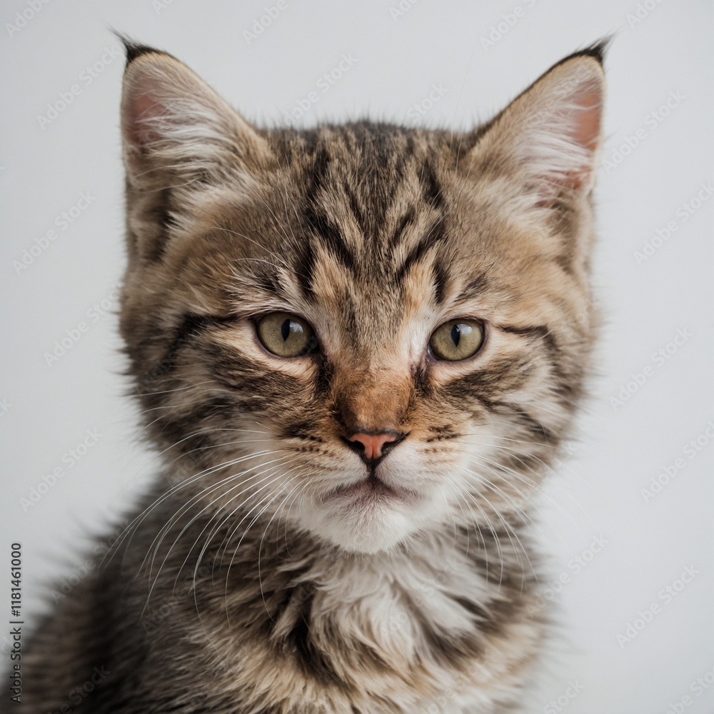Fototapeta premium A soft tabby kitten with delicate fur, relaxed on a pristine white background.