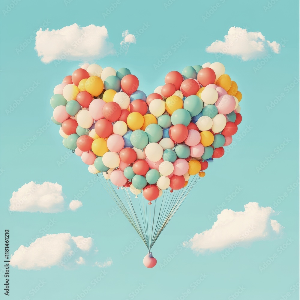 Fototapeta premium Heart Shaped Balloon Cluster Soaring Through A Sky