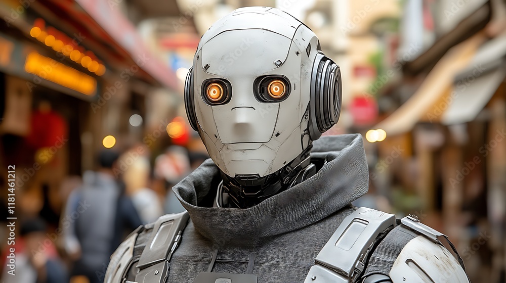 Futuristic robot standing in a city. Futuristic robot standing in a city.