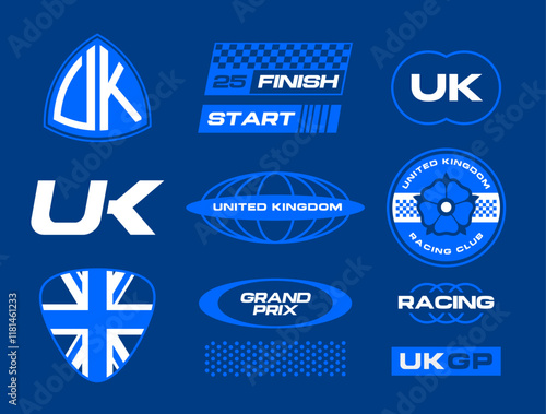 Set streetwear auto racing logo ideas for a clothing brand. Design vector typography for decals auto and t-shirt United Kingdom streetwear clothing y2k style.