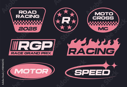 Set streetwear auto racing logo ideas for a clothing brand. Design vector typography for decals auto and t-shirt streetwear clothing y2k style.
