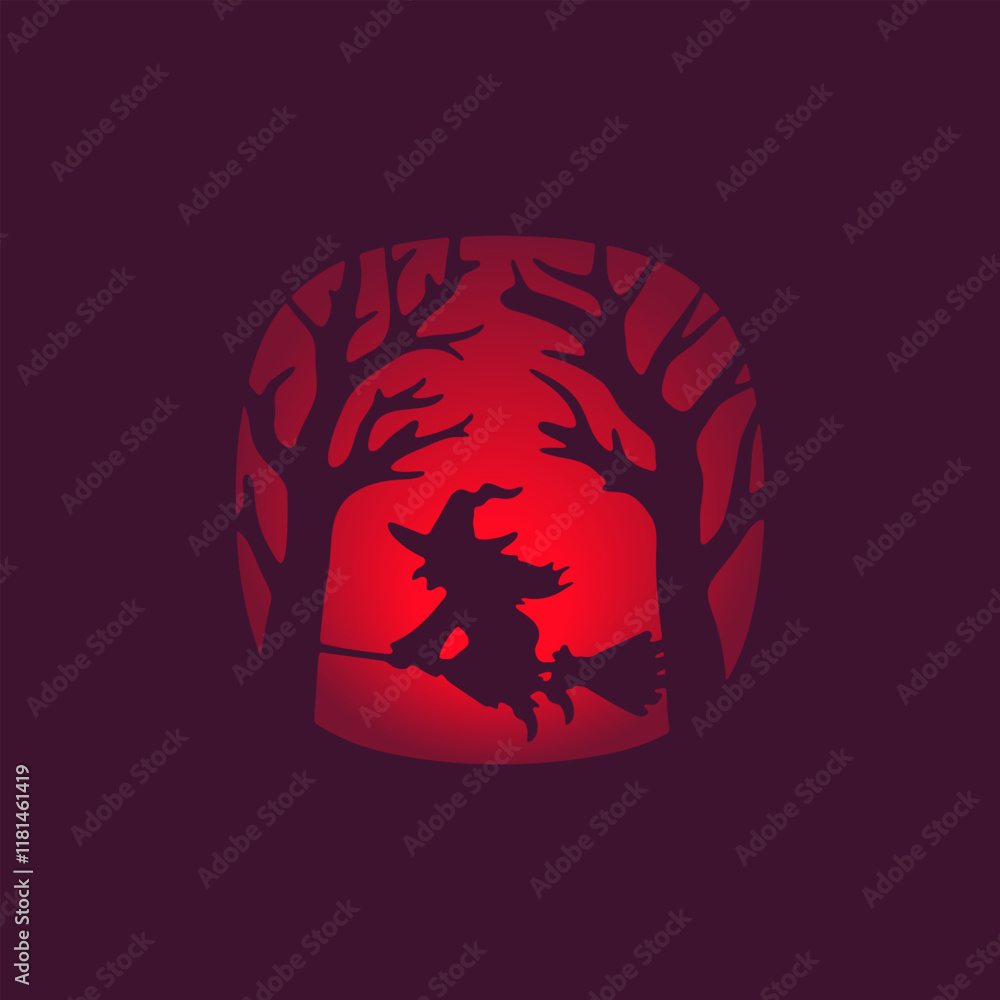 Vector illustration of a silhouette of a witch in the forest flies on a broomstick Vector illustration of a silhouette of a witch in the forest flies on a broomstick