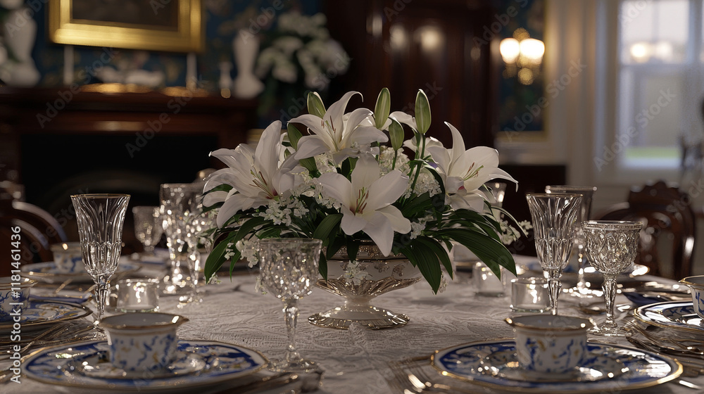 Fototapeta premium Elegant Dining Table Setting with Floral Centerpiece