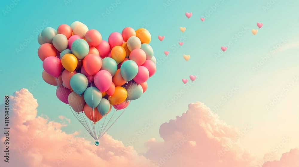 Heart Shaped Balloons Floating In A Pastel Sky Heart Shaped Balloons Floating In A Pastel Sky
