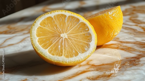Freshly cut lemon resting on a marble countertop illuminated by natural sunlight