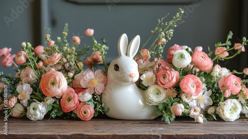 Elegant spring table setting with flowers and bunny decoration for festive ce...