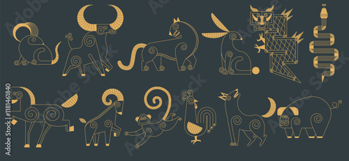 Trending Chinese new year horoscope animal icons gold on dark background set.  Chinese zodiac calendar logo, Asian lunar astrological signs. Linear simple minimalistic locational style.