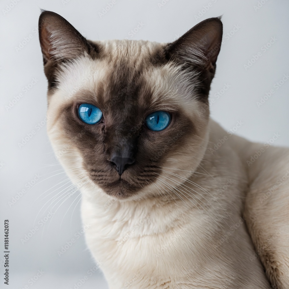 A stunning blue-eyed Siamese cat, its creamy coat glowing against a white background. A stunning blue-eyed Siamese cat, its creamy coat glowing against a white background.