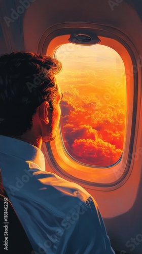View from an airplane window at sunset with a person observing colorful clouds
