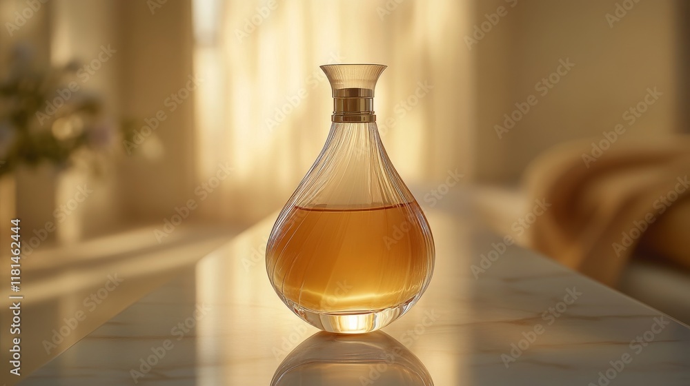 Elegant glass bottle of fragrance displayed in natural light with soft shadows and greenery in the background Elegant glass bottle of fragrance displayed in natural light with soft shadows and greenery in the background