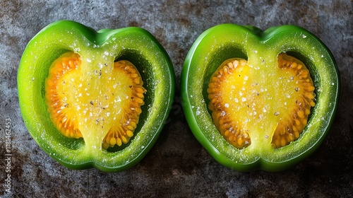 Fresh green bell peppers cut in half on a wooden cutting board with red peppe...
