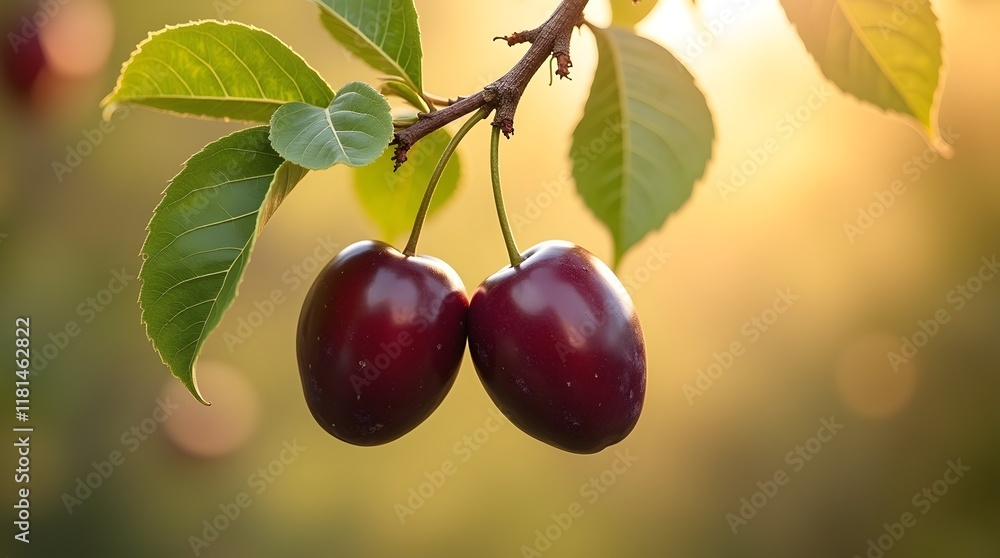 Dark plums on branch with vibrant green leaves against warm creamy bokeh. Glossy fruit with soft light and summer tones. Dark plums on branch with vibrant green leaves against warm creamy bokeh. Glossy fruit with soft light and summer tones.