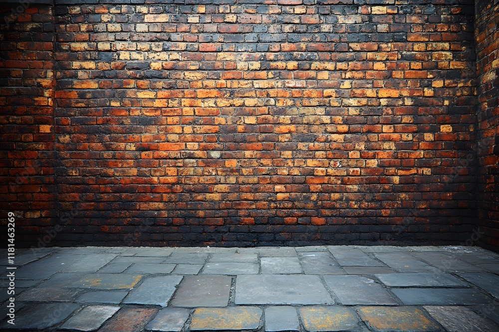 Fototapeta premium Rustic Brick Wall with Stone Pavement for Urban Backdrop and Texture Design