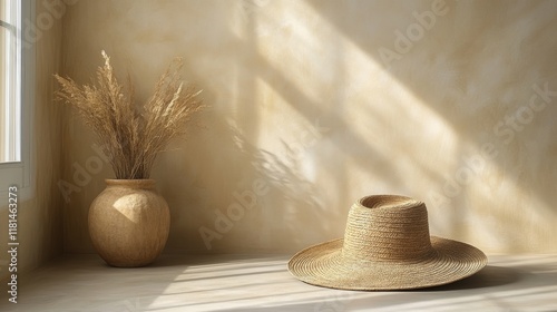 Straw hat resting against a textured wall in a rustic indoor setting