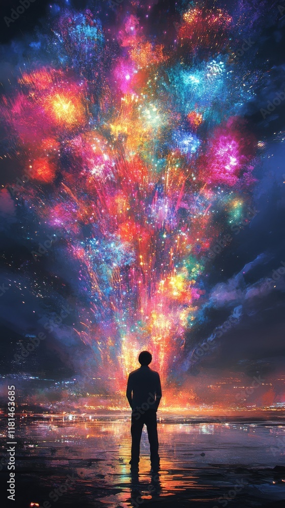 Colorful explosion of light and stars captivates a silhouetted observer at twilight Colorful explosion of light and stars captivates a silhouetted observer at twilight