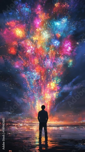 Colorful explosion of light and stars captivates a silhouetted observer at tw...