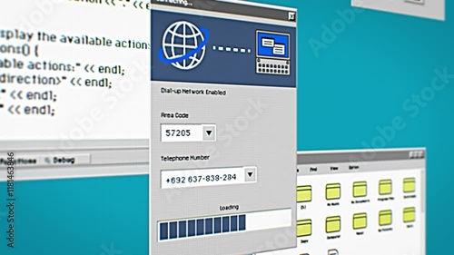 Nostalgic Process of Connecting to the Internet via Dial-up Modem on a Computer. Retro Interface Elements and Loading Animations on Screen. Tech Journey to the Early Days of Online Connectivity
