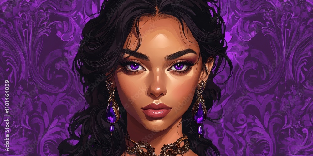 Fototapeta premium A regal woman with dark hair and purple jewels