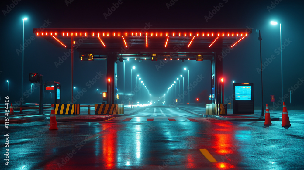 Obraz premium Electronic toll collection gate glowing at night, showcasing modern transportation technology and seamless automated payment systems for efficient traffic flow.