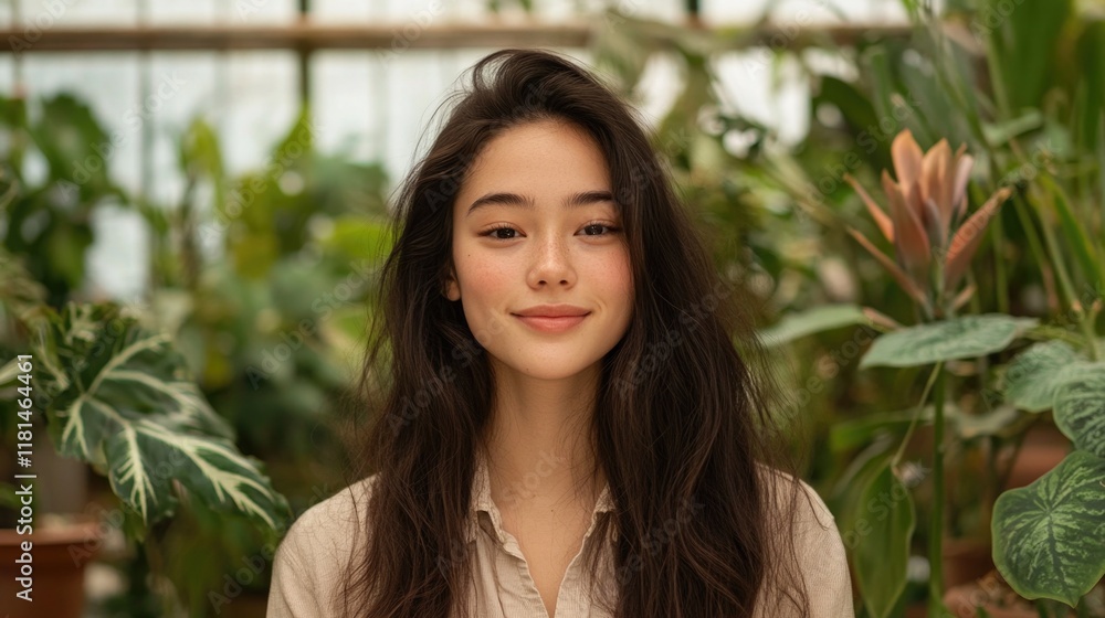 Beautiful woman amidst lush greenery in a greenhouse setting Beautiful woman amidst lush greenery in a greenhouse setting